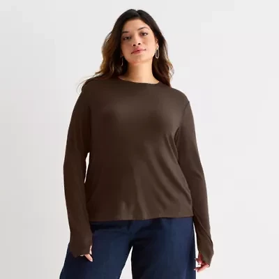 Worthington Womens Plus Crew Neck Long Sleeve Blouse