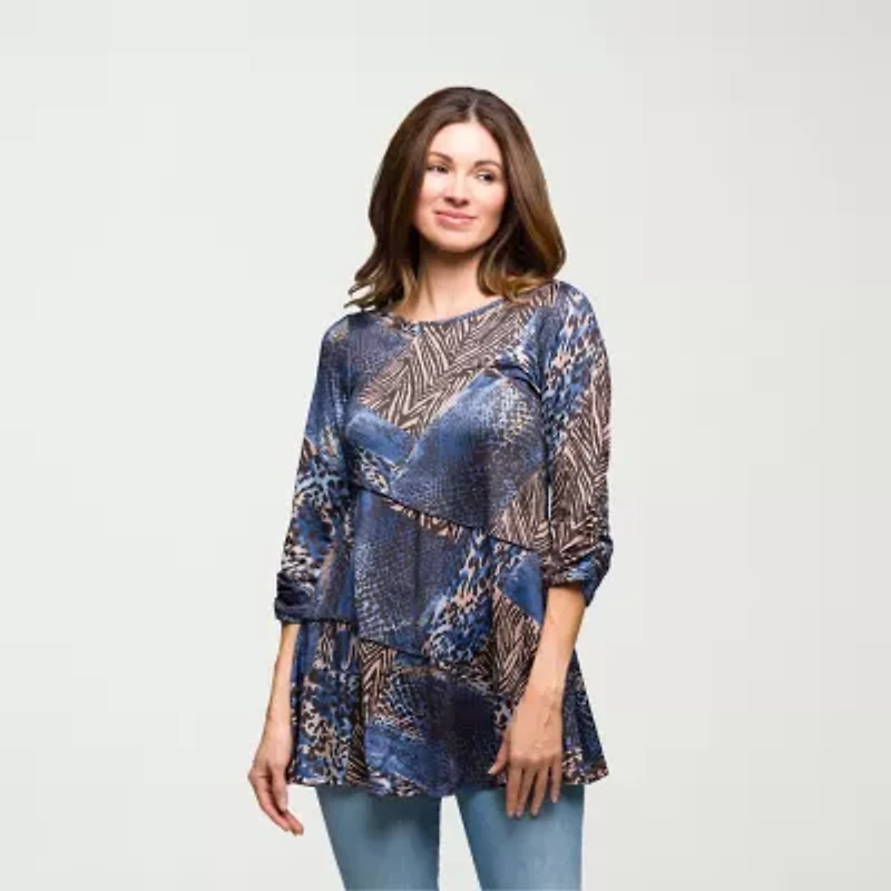 24seven Comfort Apparel Womens Round Neck 3/4 Sleeve Tunic Top