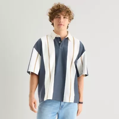 Arizona Mens Elbow Sleeve Regular Fit Button Down Collar Striped Rugby Shirt
