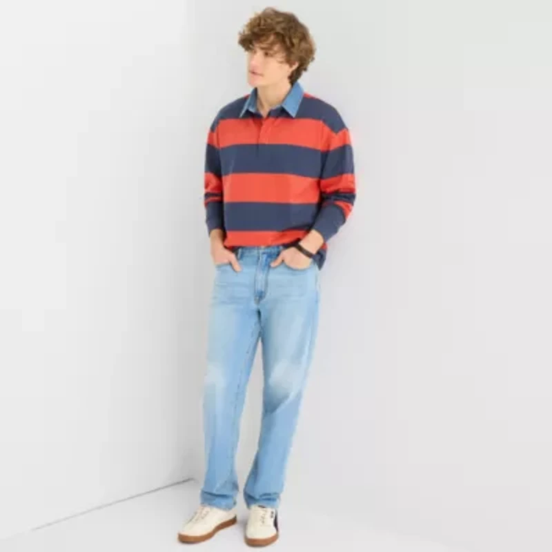 Arizona Mens Long Sleeve Regular Fit Button Down Collar Striped Rugby Shirt