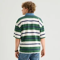 Arizona Mens Elbow Sleeve Regular Fit Button Down Collar Striped Rugby Shirt