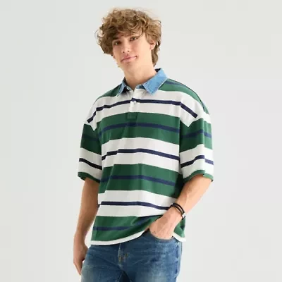Arizona Mens Elbow Sleeve Regular Fit Button Down Collar Striped Rugby Shirt