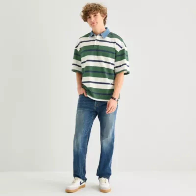 Arizona Mens Elbow Sleeve Regular Fit Button Down Collar Striped Rugby Shirt