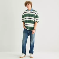 Arizona Mens Elbow Sleeve Regular Fit Button Down Collar Striped Rugby Shirt