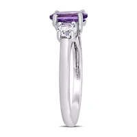 Womens Genuine Purple Amethyst Sterling Silver 3-Stone Cocktail Ring