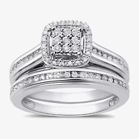 Surrounded by Love Womens 1/5 CT.T.W. Natural Diamond Sterling Silver or 14K Gold Over Cushion Side Stone Halo Bridal Set