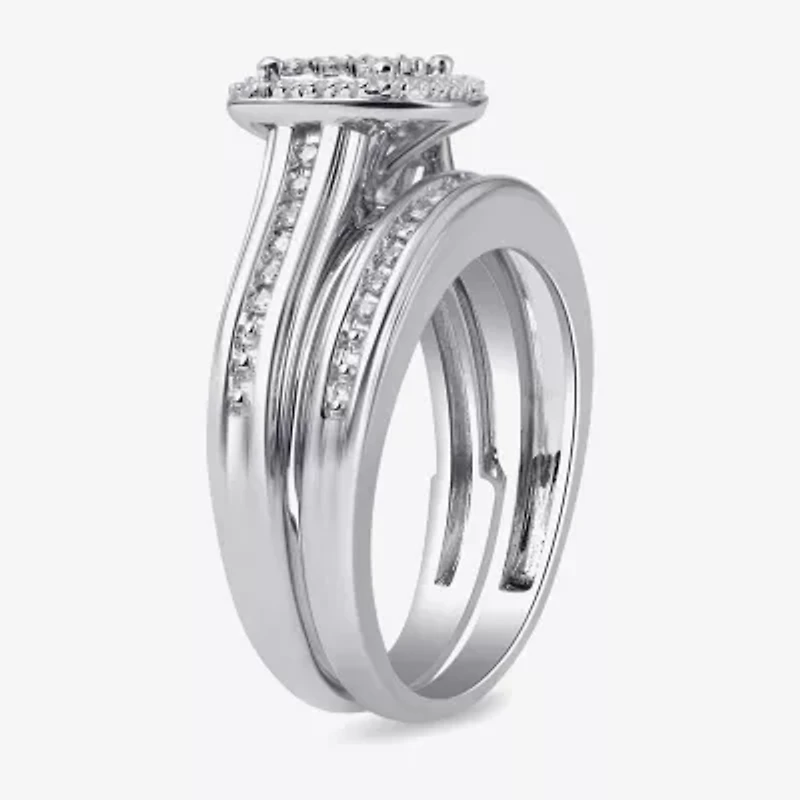 Surrounded by Love Womens 1/5 CT.T.W. Natural Diamond Sterling Silver or 14K Gold Over Cushion Side Stone Halo Bridal Set