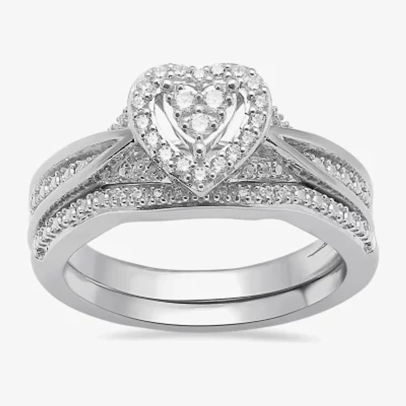 Surrounded by Love Womens 1/5 CT. Natural White Diamond Sterling Silver Heart Side Stone Halo Bridal Set