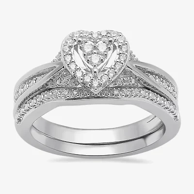Surrounded by Love Womens 1/5 CT. Natural White Diamond Sterling Silver Heart Side Stone Halo Bridal Set