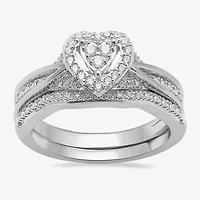 Surrounded by Love Womens 1/5 CT. Natural White Diamond Sterling Silver Heart Side Stone Halo Bridal Set