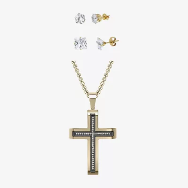 Mens Zirconia Stainless Steel Cross 3-pc. Jewelry Set