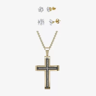 Mens Zirconia Stainless Steel Cross 3-pc. Jewelry Set