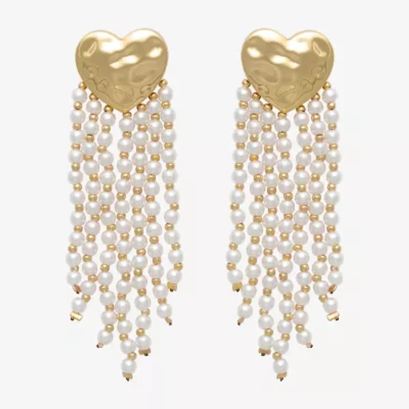 Bijoux Bar Gold Tone Womens Simulated Pearl Heart Drop Earrings