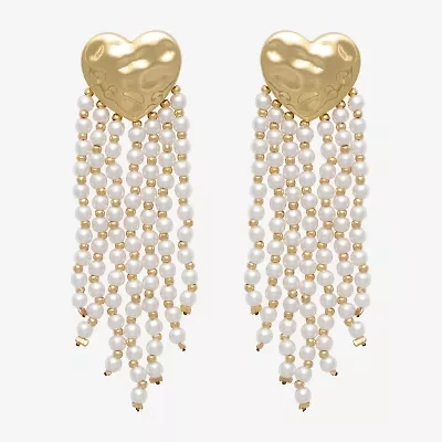 Bijoux Bar Gold Tone Womens Simulated Pearl Heart Drop Earrings