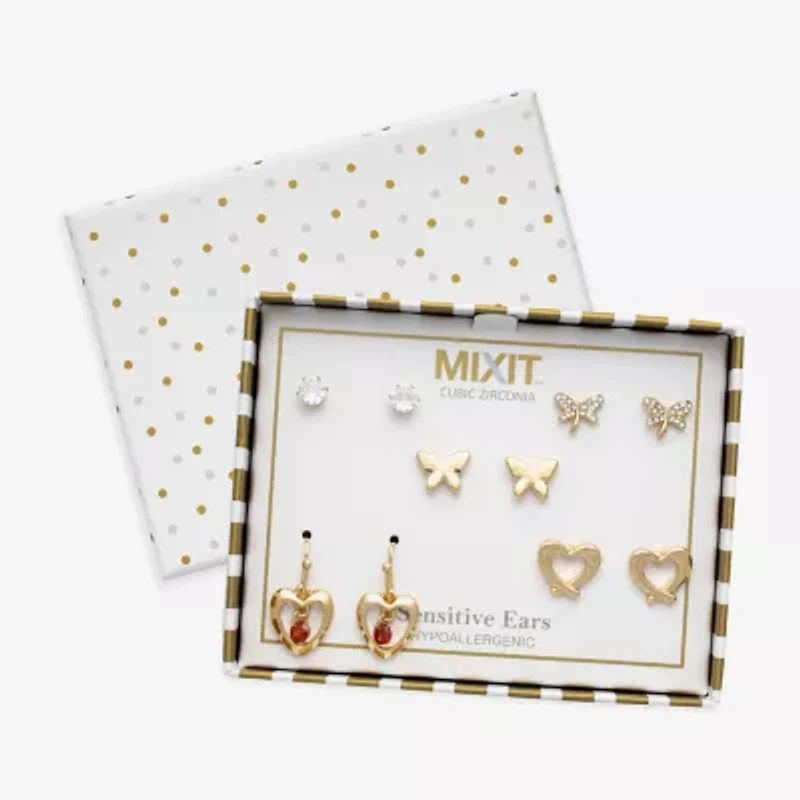 Mixit Womens Cubic Zirconia Stainless Steel Butterfly Heart Hypoallergenic 5 Pair Earring Set