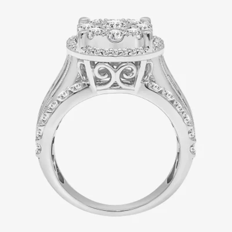 Round 2 CT.T.W. Natural Diamond Side Stone Halo Engagement Ring White or Yellow 10K 14K Gold