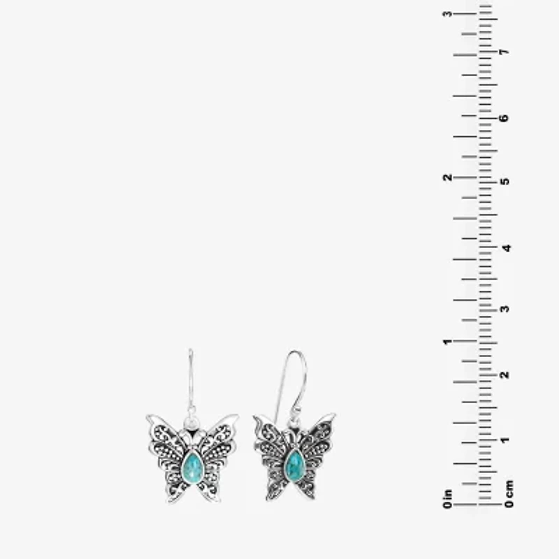 Womens Enhanced Blue Turquoise Sterling Silver Butterfly Drop Earrings