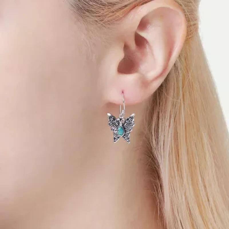 Womens Enhanced Blue Turquoise Sterling Silver Butterfly Drop Earrings