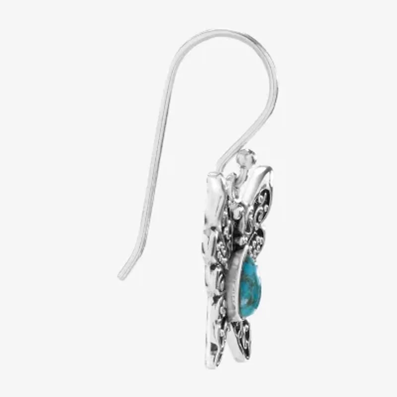 Womens Enhanced Blue Turquoise Sterling Silver Butterfly Drop Earrings