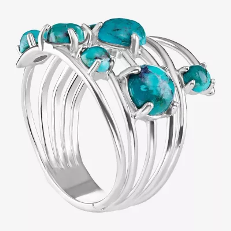 Womens Enhanced Blue Turquoise Sterling Silver Round Cocktail Ring