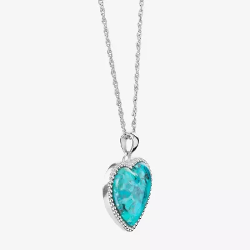 Womens Enhanced Blue Turquoise Sterling Silver Heart 18 Inch Pendant Necklace