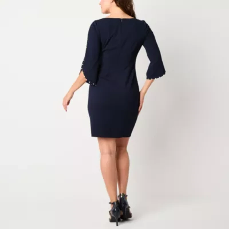 Jessica Howard Womens Pearl Trim 3/4 Sleeve Sheath Dress