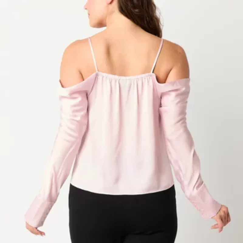 Bold Elements Womens Straight Neck Long Sleeve Satin Blouse