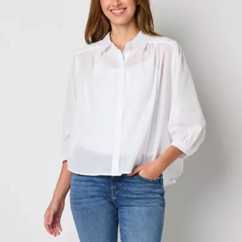 a.n.a Womens Long Sleeve Balloon Sleeve Loose Fit Button-Down Shirt