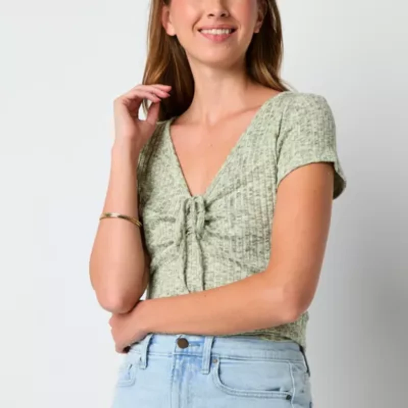 a.n.a Ribbed Womens Split Tie Neck Short Sleeve T-Shirt