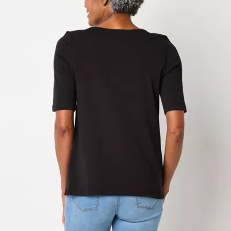 St. John's Bay Womens Easy-on + Easy-off Boat Neck Elbow Sleeve Adaptive T-Shirt