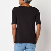 St. John's Bay Womens Easy-on + Easy-off Boat Neck Elbow Sleeve Adaptive T-Shirt