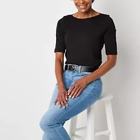 St. John's Bay Womens Easy-on + Easy-off Boat Neck Elbow Sleeve Adaptive T-Shirt