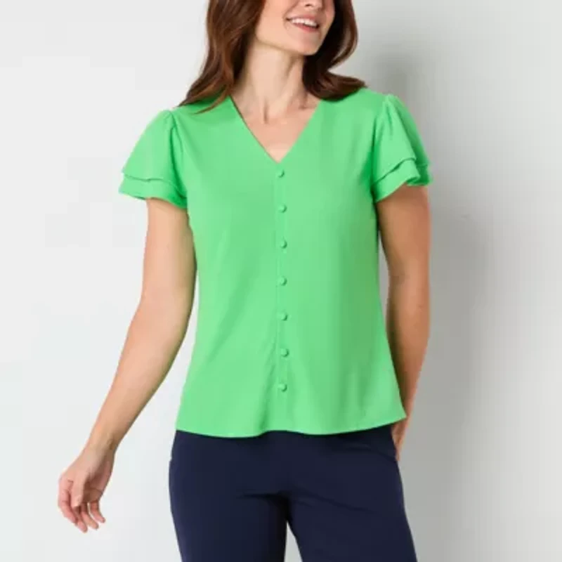 Liz Claiborne Womens V Neck Short Sleeve Blouse