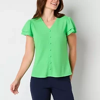 Liz Claiborne Womens V Neck Short Sleeve Blouse