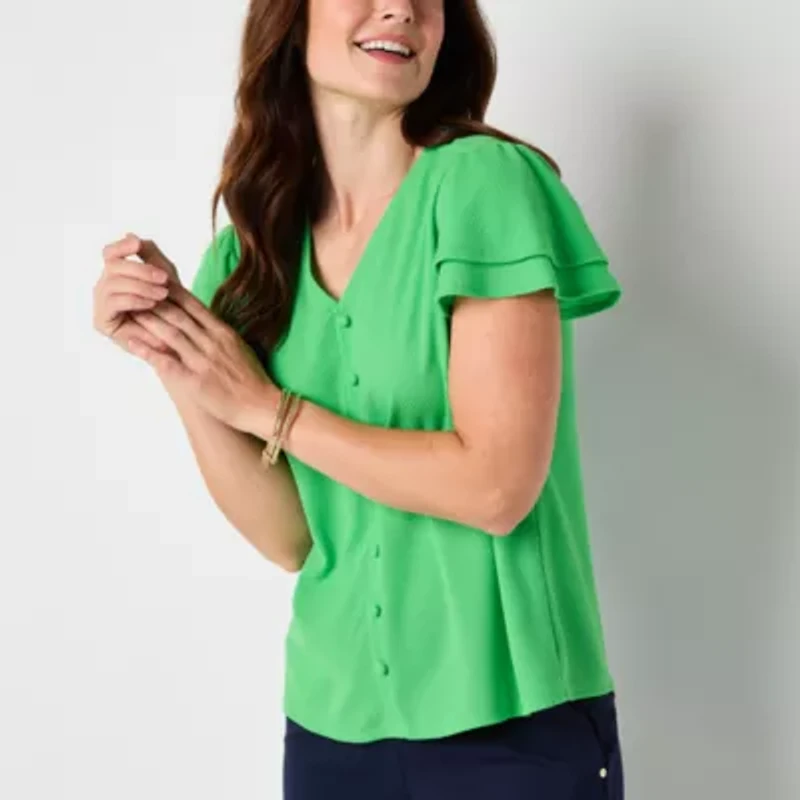 Liz Claiborne Womens V Neck Short Sleeve Blouse