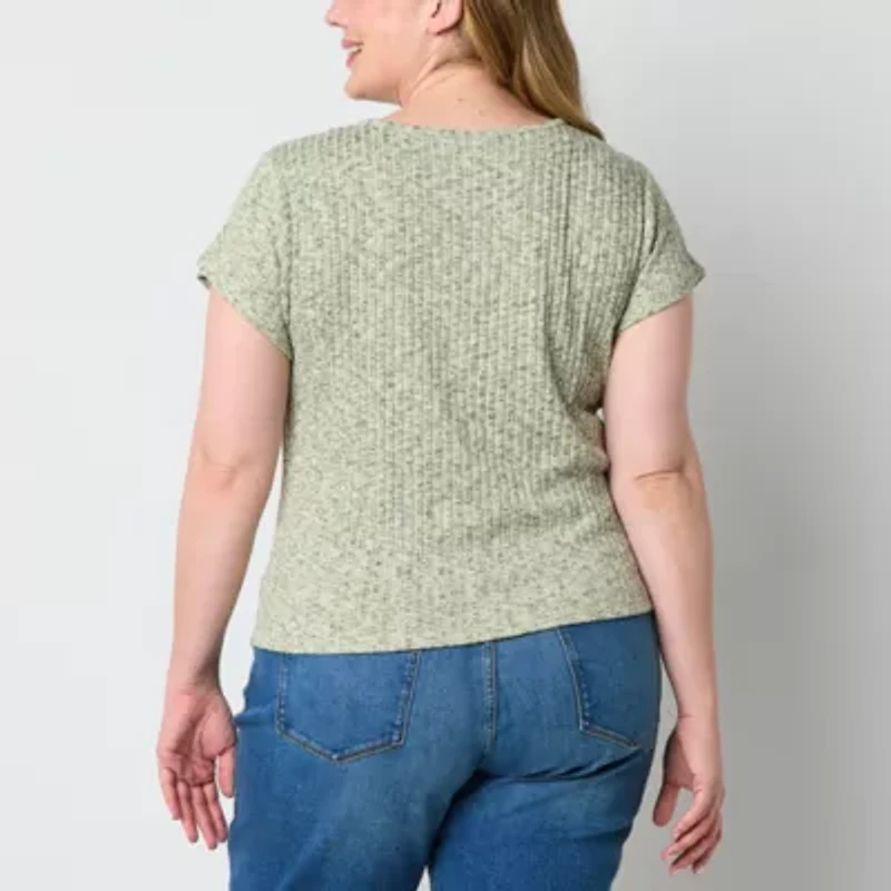 a.n.a Ribbed Womens V Neck Short Sleeve Plus T-Shirt