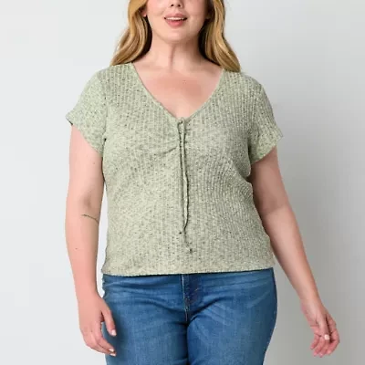 a.n.a Ribbed Womens V Neck Short Sleeve Plus T-Shirt