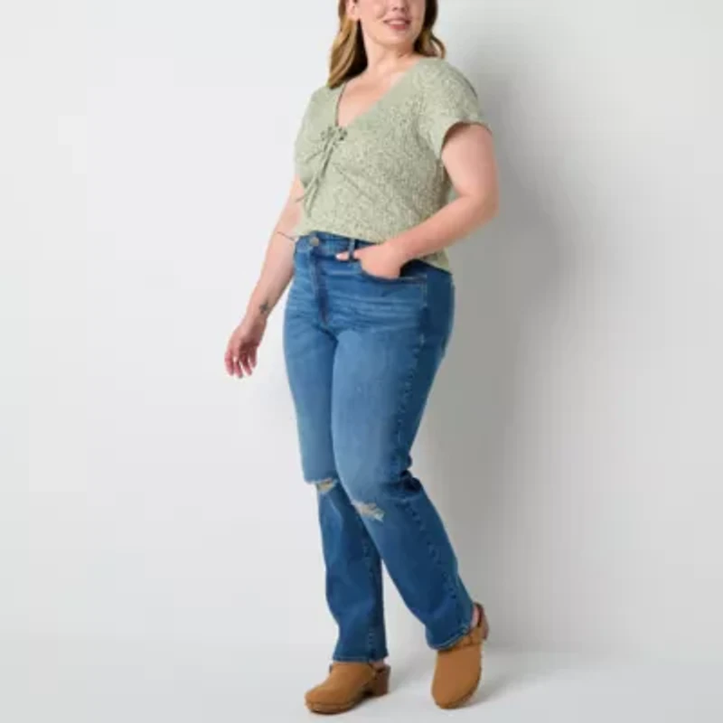 a.n.a Ribbed Womens V Neck Short Sleeve Plus T-Shirt