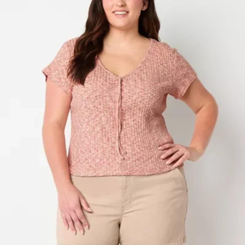 a.n.a Ribbed Womens Plus V Neck Short Sleeve T-Shirt