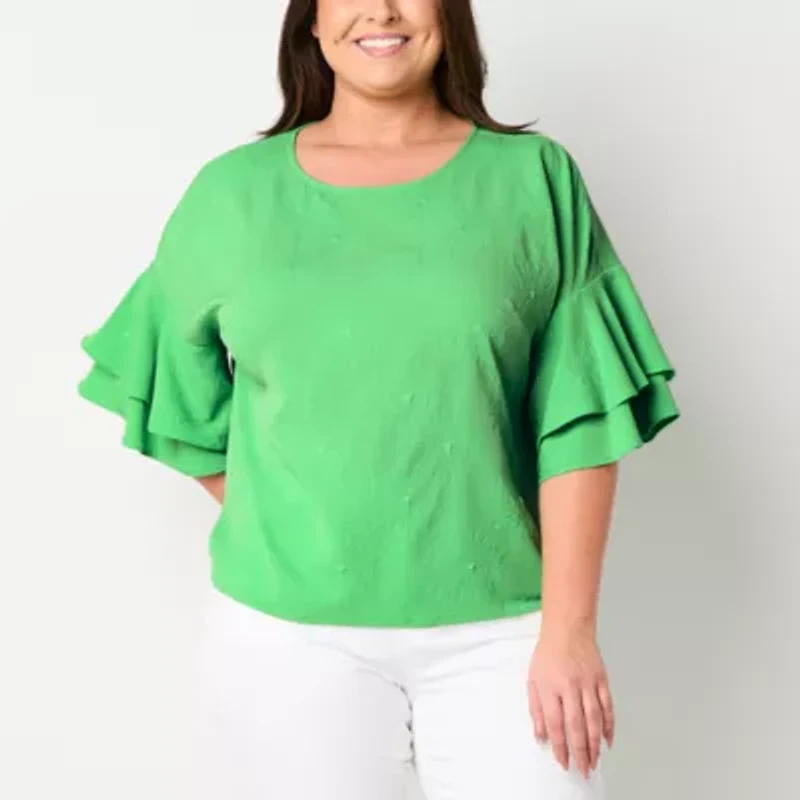 Liz Claiborne Womens Round Neck Short Sleeve Plus Blouse