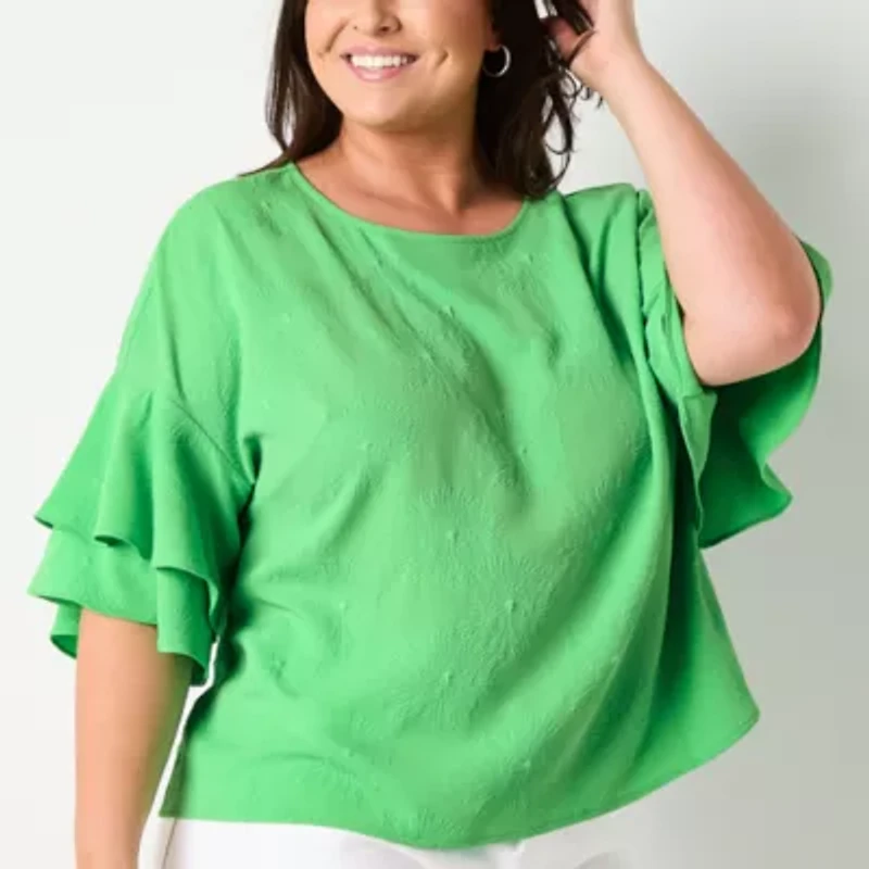 Liz Claiborne Womens Round Neck Short Sleeve Plus Blouse