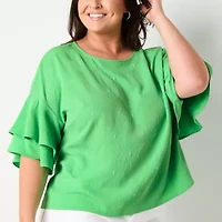 Liz Claiborne Womens Round Neck Short Sleeve Plus Blouse