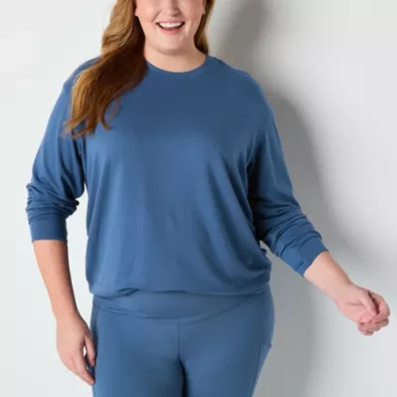 Xersion Womens Soft French Terry Crew Neck Long Sleeve Sweatshirt Plus