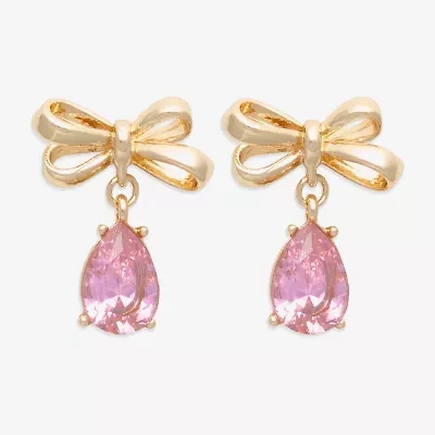 Bijoux Bar Gold Tone Womens Pink Cubic Zirconia Bow Drop Earrings