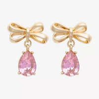 Bijoux Bar Gold Tone Womens Pink Cubic Zirconia Bow Drop Earrings