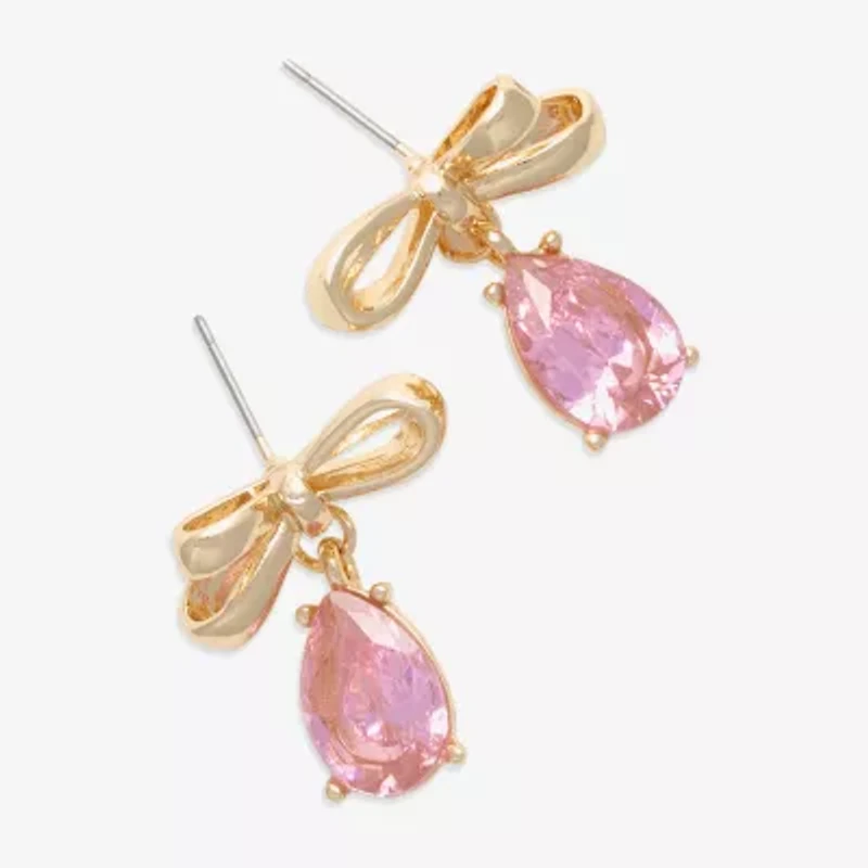 Bijoux Bar Gold Tone Womens Pink Cubic Zirconia Bow Drop Earrings