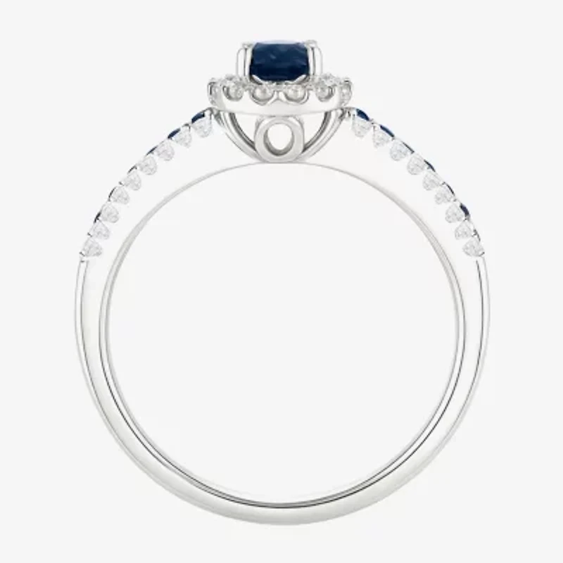 (J-K/I2-I3) Womens 1/5 CT. Genuine Blue Sapphire 10K White Gold Oval Halo Side Stone Cocktail Ring