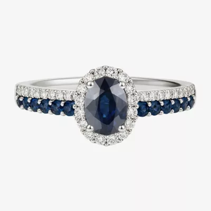 (J-K/I2-I3) Womens 1/5 CT. Genuine Blue Sapphire 10K White Gold Oval Halo Side Stone Cocktail Ring