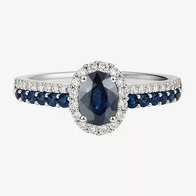 (J-K/I2-I3) Womens 1/5 CT. Genuine Blue Sapphire 10K White Gold Oval Halo Side Stone Cocktail Ring