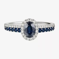 (J-K/I2-I3) Womens 1/5 CT. Genuine Blue Sapphire 10K White Gold Oval Halo Side Stone Cocktail Ring
